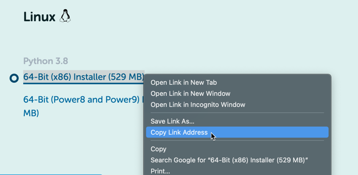 Selecting the option to copy a link on the Anaconda downloads page Selecting the option to copy a link on the Anaconda downloads page