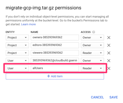 Google Object Storage Bucket Permissions Add Item Google Object Storage Bucket Permissions Add Item