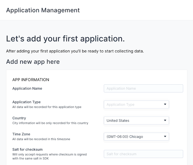 Creating a new application in Countly Creating a new application in Countly