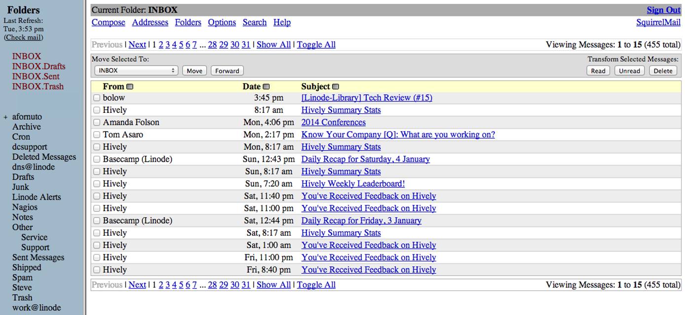 SquirrelMail Inbox view. SquirrelMail Inbox view.
