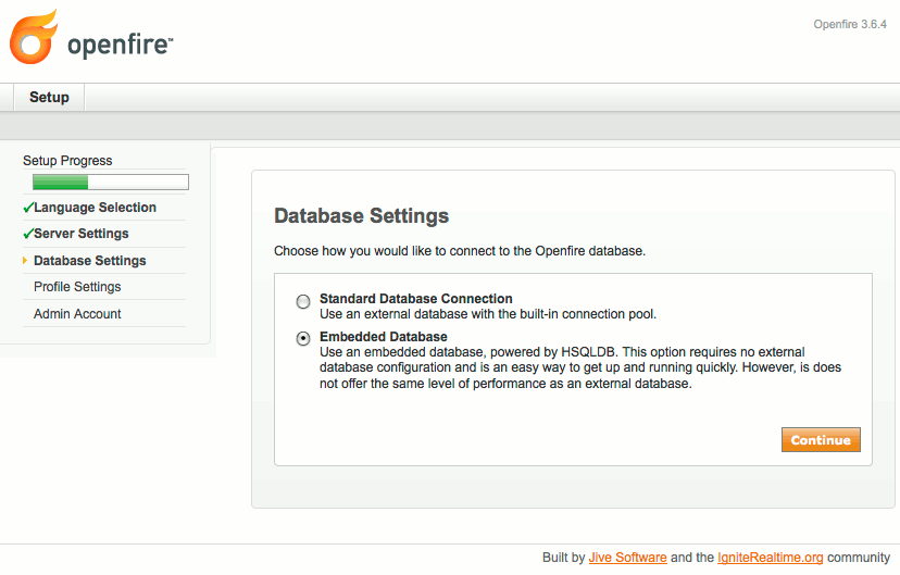 Database type selection in Openfire setup on Debian 5 (Lenny). Database type selection in Openfire setup on Debian 5 (Lenny).
