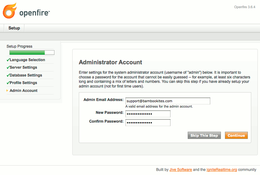 Administrator account settings in Openfire setup on Ubuntu 9.10 (Karmic). Administrator account settings in Openfire setup on Ubuntu 9.10 (Karmic).