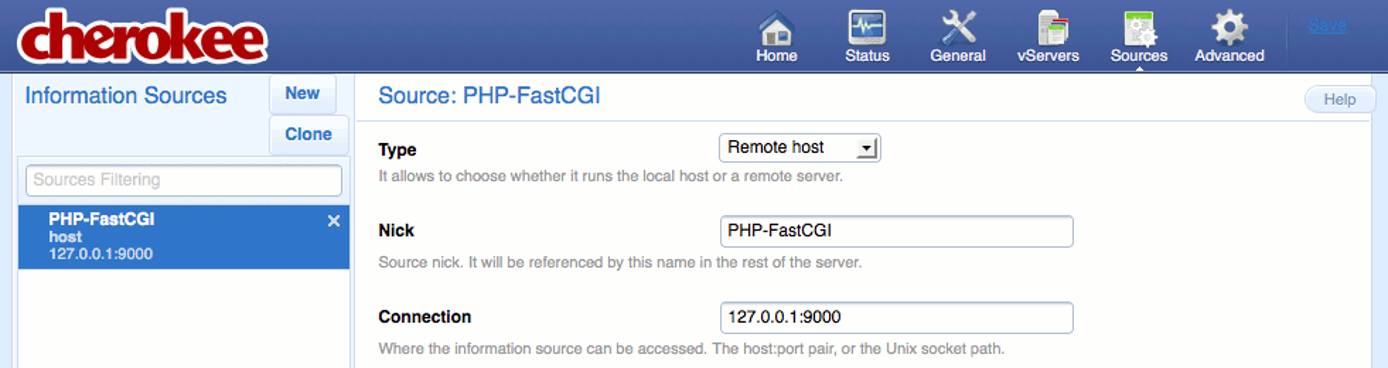 A newly created information source on the “Sources” page of the Cherokee admin panel on Fedora 13. A newly created information source on the “Sources” page of the Cherokee admin panel on Fedora 13.