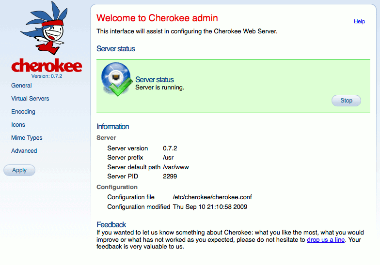 The cherokee-admin web server administration interface running on a Linode. The cherokee-admin web server administration interface running on a Linode.