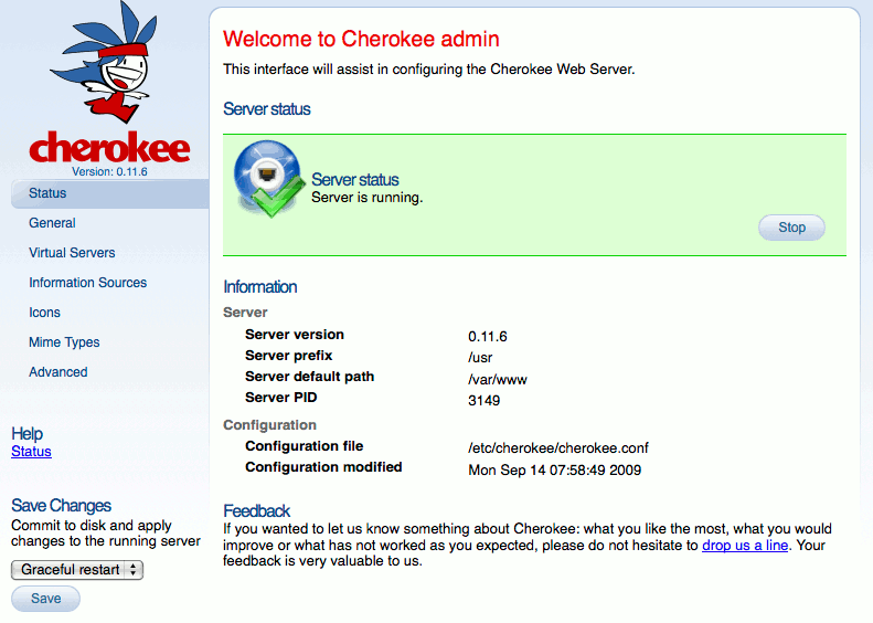 The cherokee-admin web server administration interface running on a Linode. The cherokee-admin web server administration interface running on a Linode.